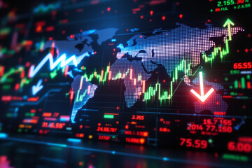 Digital stock market chart with world map, glowing candlesticks and arrows, futuristic graphic style on dark background, concept of global business. Ai generative