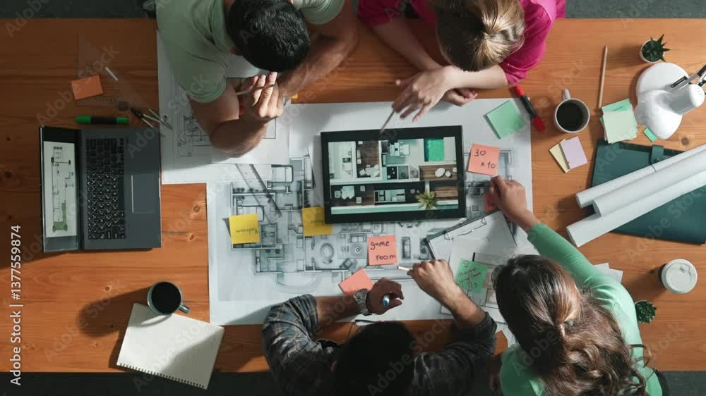 Poster top down view of civil engineers using tablet to design house structure while sitting at table with 