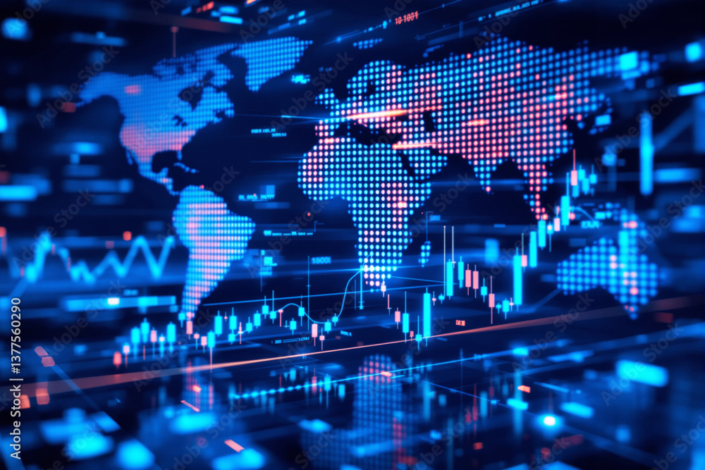 Poster digital world map with glowing financial trading charts and data points, futuristic graphic style, o