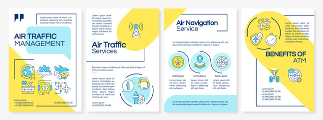 Air traffic services blue and yellow brochure layout. Flight control, organization. Leaflet advertising design with color line icons. Editable 4 pages. Questrial, Lato-Regular fonts used