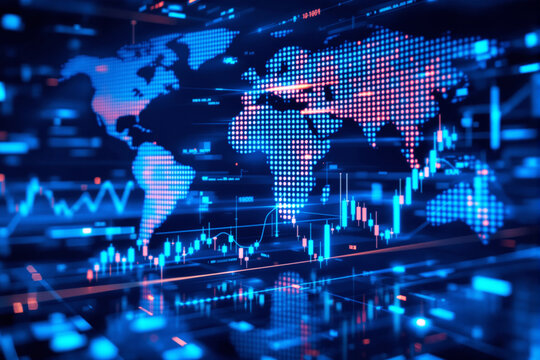 Digital world map with glowing financial trading charts and data points, futuristic graphic style, on dark tech background. Concept of global business. Ai generative