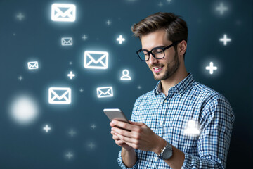 Smiling young man using smartphone with glowing email icons around him, modern digital style on dark background, concept of business communication. Ai generative