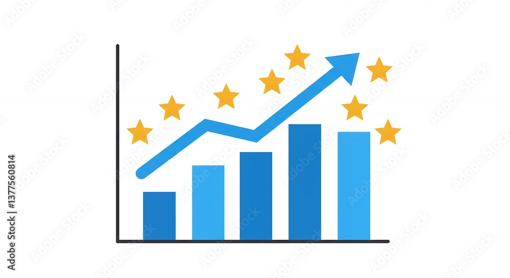 Poster analyzing bar graph with rising arrow and stars displaying business growth