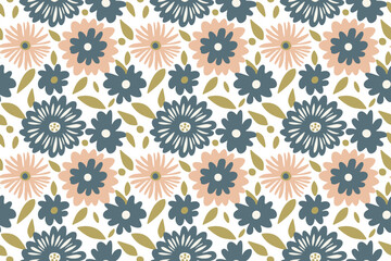 Dense floral repeat pattern with soft blue and peach. Design illustration for decoration, wall decor, wallpaper, cover, banner.