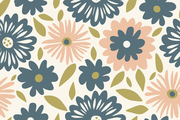 Dense floral repeat pattern with soft blue and peach. Design illustration for decoration, wall decor, wallpaper, cover, banner.