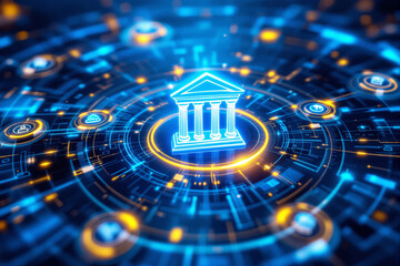 Glowing classical bank icon surrounded by digital interface elements representing finance, on a blue futuristic background, concept of digital banking, Ai generative