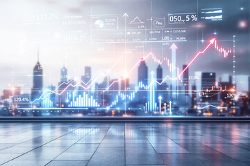 Futuristic digital interface with financial charts, graphs, and indicators over city skyline, modern style on urban background, concept of business growth. Ai generative