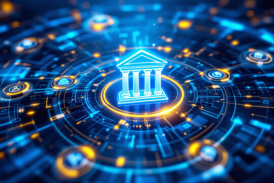 Glowing classical bank icon surrounded by digital interface elements representing finance, on a blue futuristic background, concept of digital banking, Ai generative