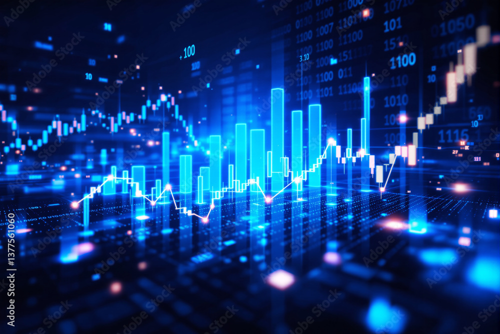 Poster glowing financial charts and bar graphs in a futuristic digital business background, with data point
