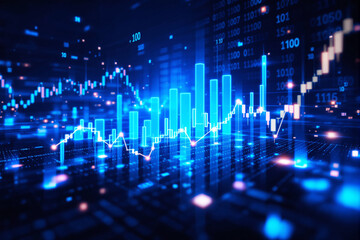 Glowing financial charts and bar graphs in a futuristic digital business background, with data points and binary code, symbolizing economic growth. Ai generative