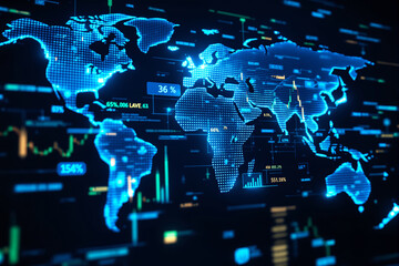 Futuristic digital world map with glowing data points and graphs, high-tech style, on a dark background. Concept of business, technology, and analytics. Ai generative