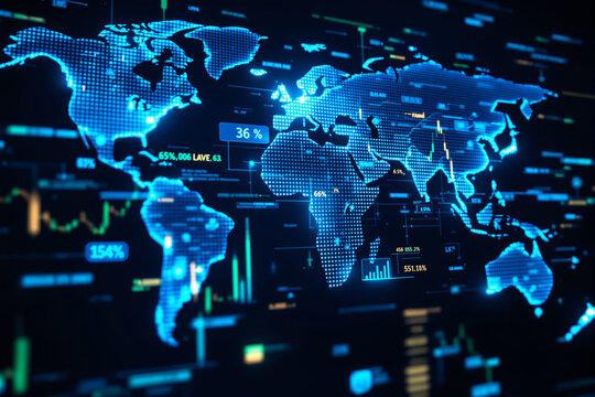 Futuristic digital world map with glowing data points and graphs, high-tech style, on a dark background. Concept of business, technology, and analytics. Ai generative - Powered by Adobe