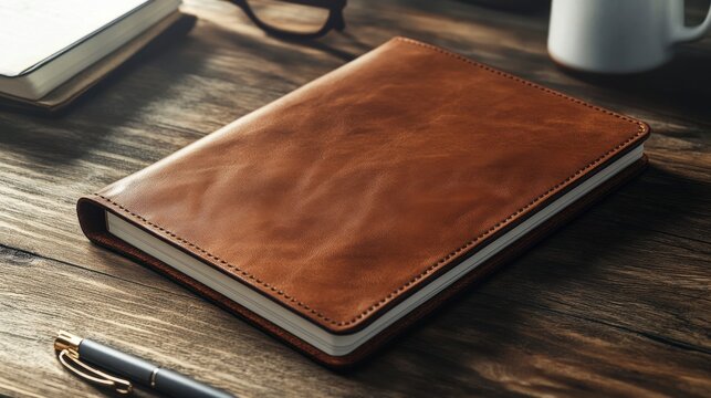 Leather notebook on wooden table