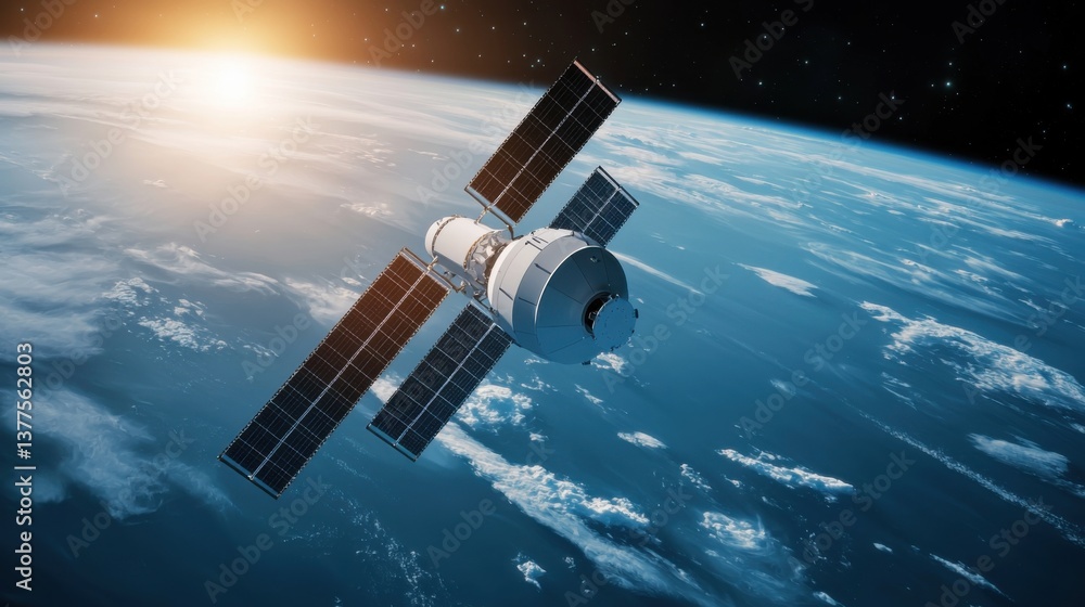 Poster a futuristic depiction of a satellite-based 6g telecommunications network, with intelligence systems