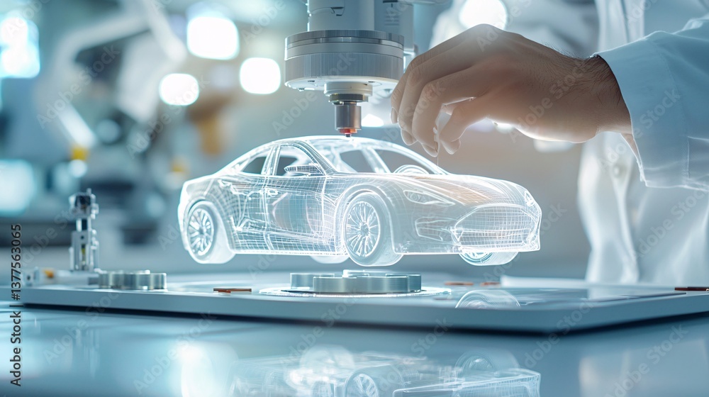 Poster laboratory and engeneer with ai and car concept. 3d car model visualization in lab environment