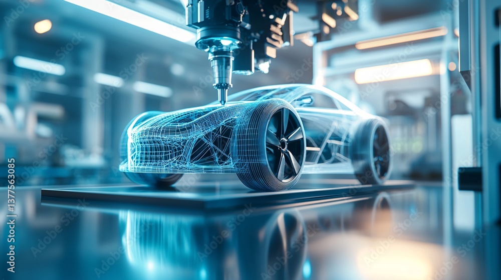 Poster laboratory and engeneer with ai and car concept. high-tech model car being 3d printed in laboratory