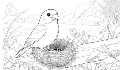 Fototapeta premium Bird on Nest with Nature Sketch.
