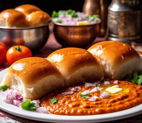 A plate of pav bhaji with spicy mashed vegetable curry, served with buttery bread rolls 3