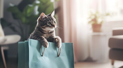 Cute gray cat sitting inside a light blue shopping bag in a bright living room, looking curiously with paws hanging over the edge.