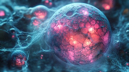 Glowing orb, cellular structure, cosmic background, science fiction, medical imagery