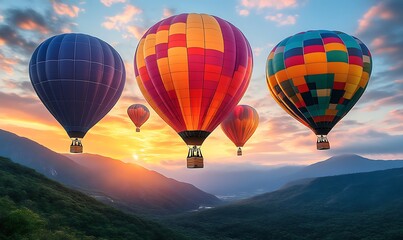 Obraz premium Hot Air Balloons Flying Over Mountain Valley at Sunrise Dramatic Sky