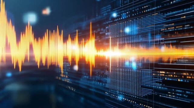 Audio Waveform in Digital Realm: A mesmerizing visualization of sound waves pulsates with vibrant energy, weaving through a digital interface with neon lights.