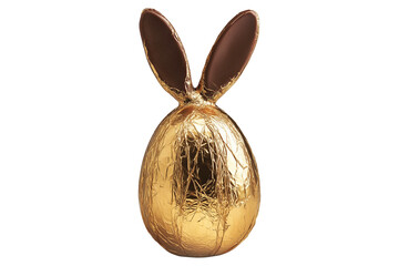 Obraz premium Golden foil wrapped Easter chocolate shaped like a bunny with ears, isolated on white transparent background. Festive holiday candy concept