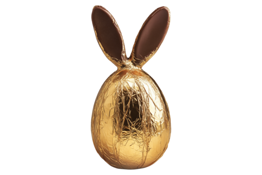 Golden foil wrapped Easter chocolate shaped like a bunny with ears, isolated on white transparent background. Festive holiday candy concept
