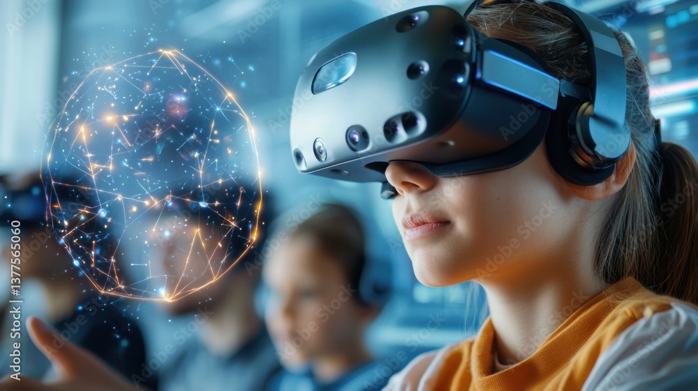 Poster a group of students using virtual reality headsets to engage in an immersive educational experience,