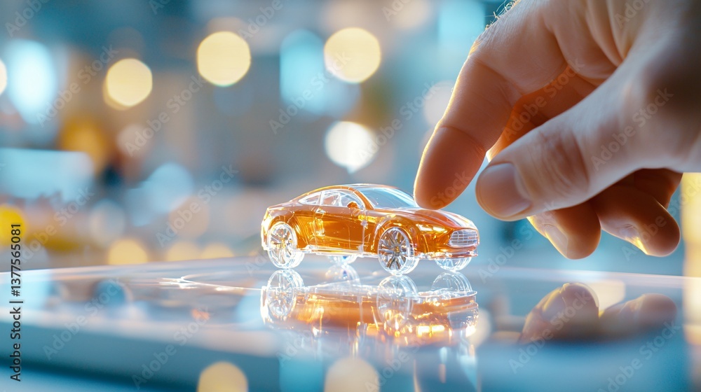 Poster laboratory and engeneer with ai and car concept. hand touching model car with reflection and lights