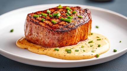 A beautifully cooked steak topped with green chives, served on a creamy sauce, presented elegantly on a white plate.