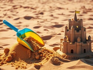 plastic toy on sand castle at beach on summer