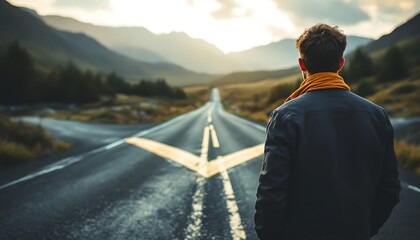 Naklejka premium Man on the Road at Crossroads with Mountains in the Background