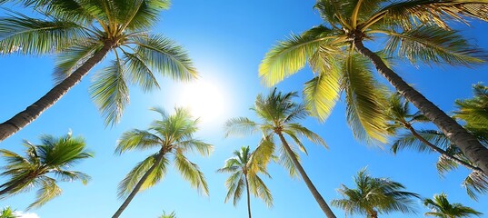Obraz premium A low-angle shot looking up at towering palm trees against a bright blue sky