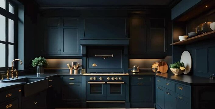 A luxurious dark kitchen featuring matte black cabinetry, deep emerald or navy accents, and dramatic moody lighting