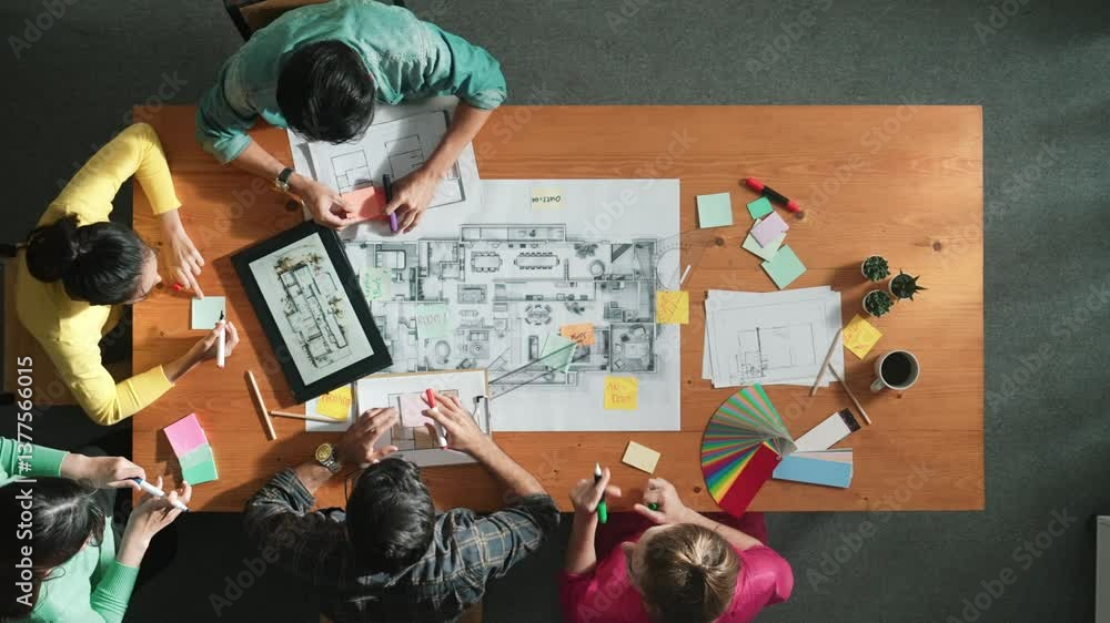 Poster top down aerial view of smart engineer looking at blueprint at meeting room. skilled architect team 