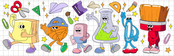 Retro school characters set isolated on notebook page background. Vector cartoon illustration of funky sticky note, basketball ball, eraser, chemistry flask, paperclip, brush mascots with smiling face