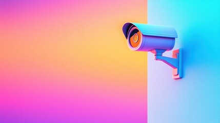 A colorful surveillance camera mounted on a wall, against a vibrant gradient background of pink and blue hues.