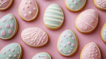 Obraz premium Beautifully Decorated Easter Egg Cookies on Pink Background