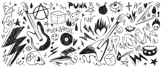 Doodle punk rock pattern on white background. Vector realistic illustration of hand drawn guitar, heart on fire, skull, lightning bolt, burning match signs, curvy lines for grungy banner design