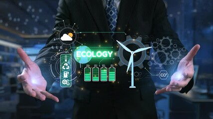 Businessman Presenting Digital Icons Related to Ecology, Renewable Energy, Wind Power, and Sustainable Practices in Modern Office Environment. Qubit
