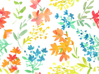 PNG seamless pattern of abstract spring and summer wildflowers painted in watercolor. Hand-drawn floral textile design with transparent background.