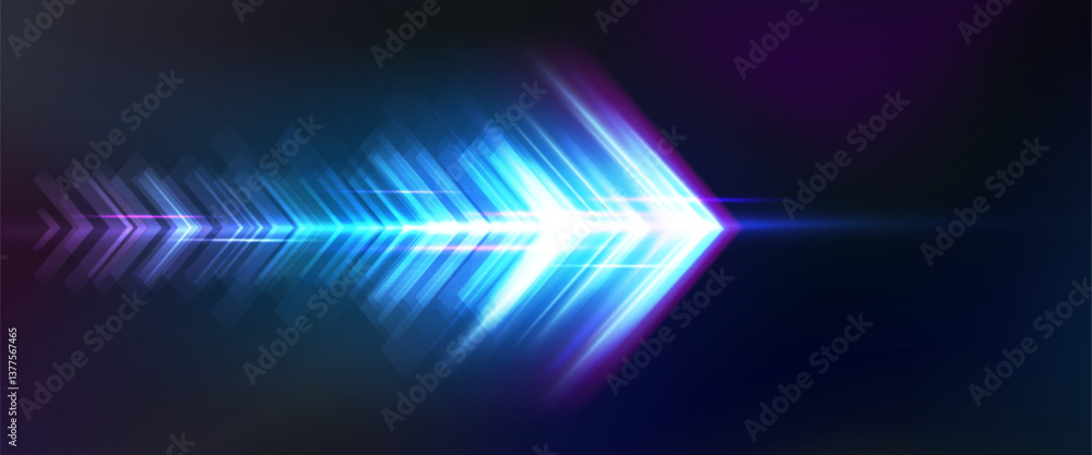 Poster glowing arrow boost abstract background. blue and purple shiny neon lines forming dynamic shape with