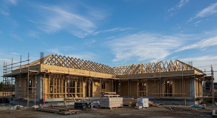 New Home Construction Bright Sunlight Wooden Frame. AI Generated