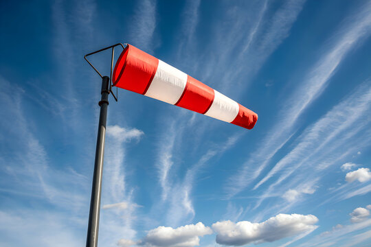 Windy road signs with red and white windsock against blue sky and clouds