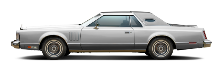 Classic American luxury car in silver. With a coupe body and a soft top in silver. In png format on a transparent background.