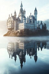 Fototapeta premium Majestic fantasy castle rises above a shimmering lake, creating a dreamlike scene