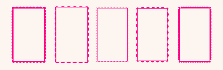 Scalloped edge rectangular frames set - decorative border shapes with wavy outer contour, zigzag perimeter line. Pink page dividers, feminine design elements collection isolated on white background.
