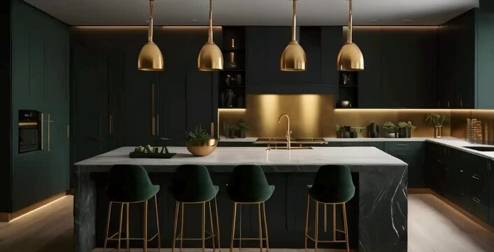 A luxurious dark kitchen featuring matte black cabinetry, deep emerald or navy accents, and dramatic moody lighting.