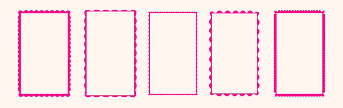 Scalloped edge rectangular frames set - decorative border shapes with wavy outer contour, zigzag perimeter line. Pink page dividers, feminine design elements collection isolated on white background.